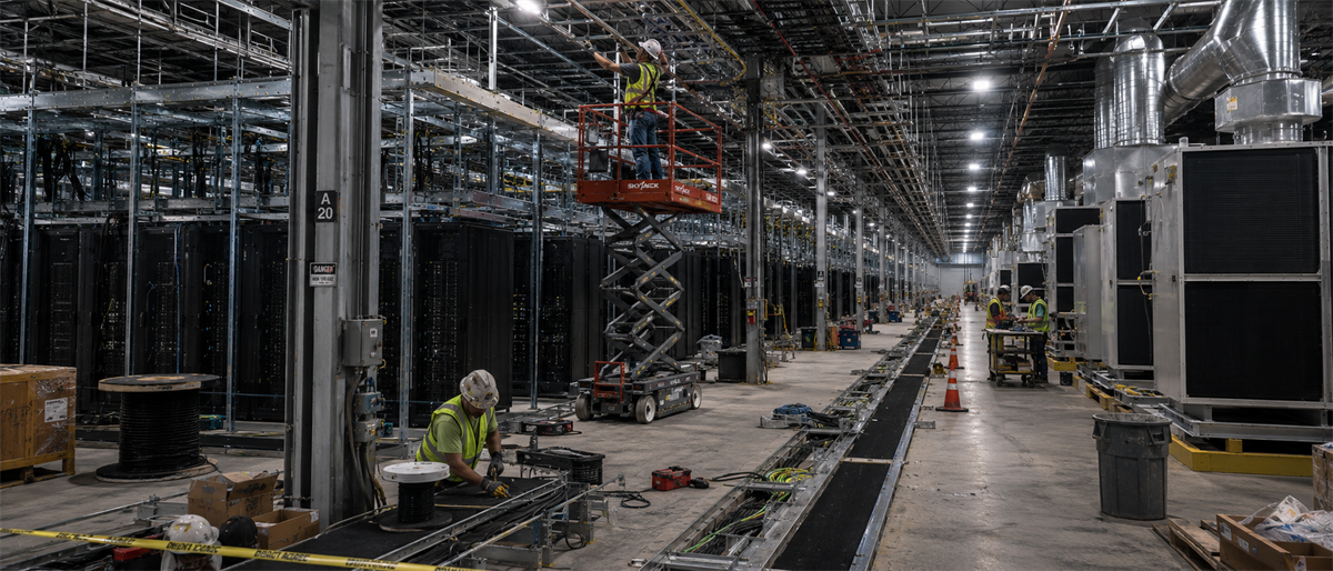 Construction workers in safety vests build server racks and infrastructure inside a large data center facility.