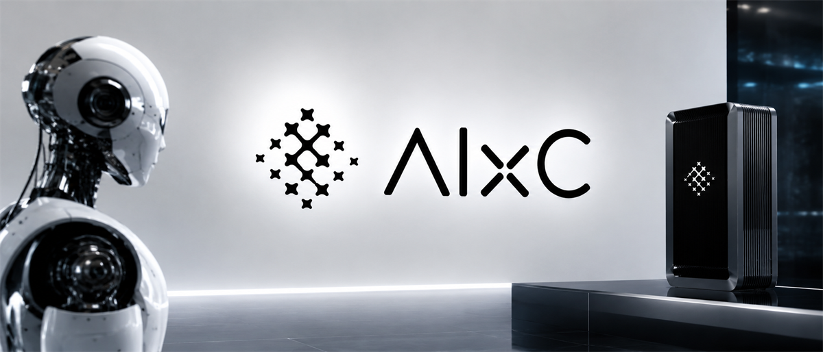 A humanoid robot faces a wall displaying the AIxC logo, with a black server tower on a pedestal nearby.