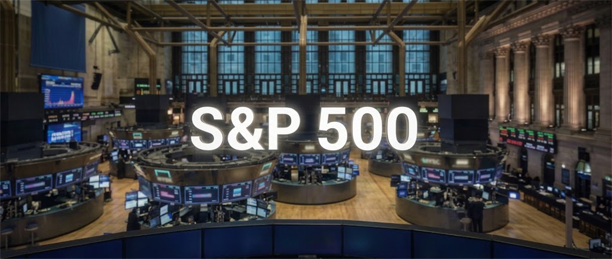 Trading floor with digital stock displays and workstations, overlaid with the text "S&P 500".
