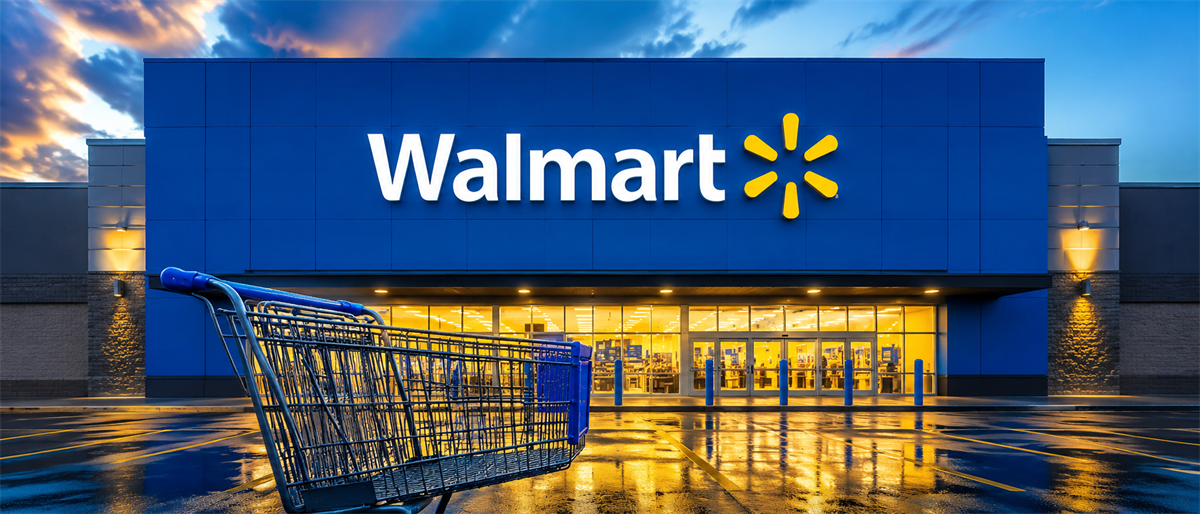 Walmart storefront with illuminated logo and sign at dusk, with a shopping cart in the parking lot.