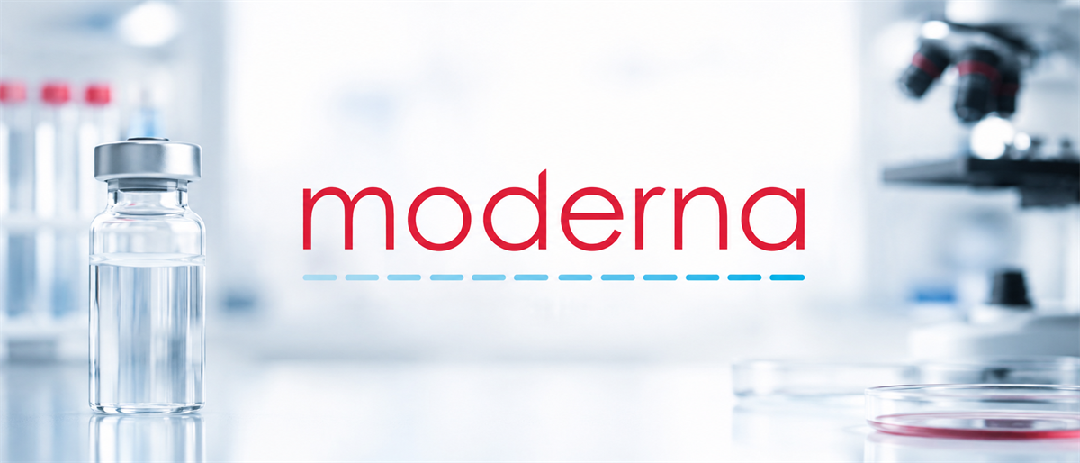 Moderna logo displayed in a laboratory setting with a vaccine vial, petri dishes, and a microscope.