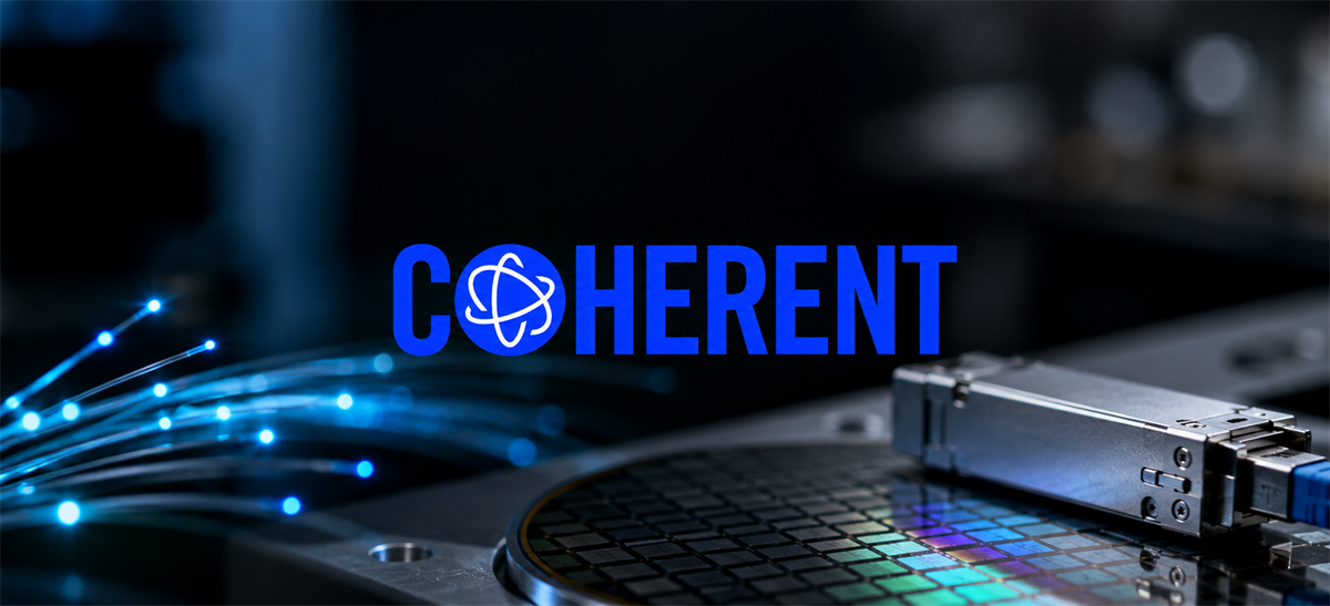 Coherent logo displayed over an illuminated fiber optic cable, semiconductor wafer, and network transceiver module.