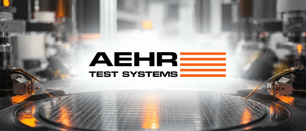 Aehr Test Systems logo displayed over a semiconductor wafer with test probes in a manufacturing facility.