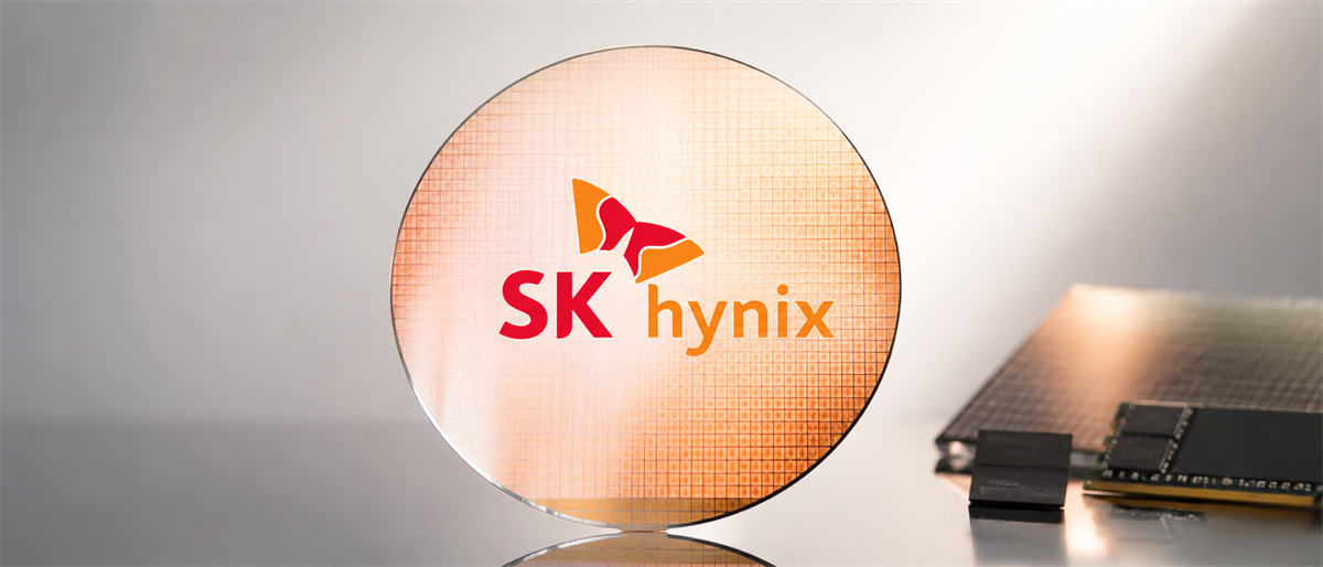 SK Hynix logo displayed on a semiconductor wafer, with memory chip modules visible in the background.