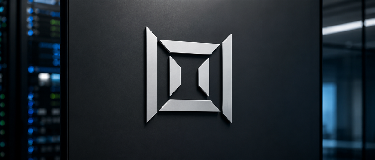 Metallic geometric logo mounted on a dark wall, with blurred server racks visible in the background.