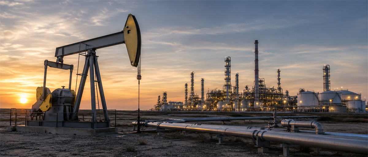 An oil pumpjack and pipelines stand near an illuminated refinery complex with tall towers at sunset.