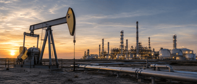 An oil pumpjack and pipelines stand near an illuminated refinery complex with tall towers at sunset.