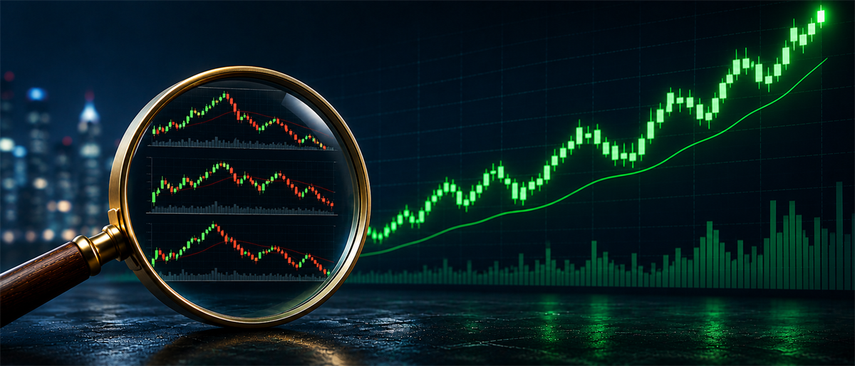 Magnifying glass highlighting a declining candlestick chart against a rising green stock price trend line.