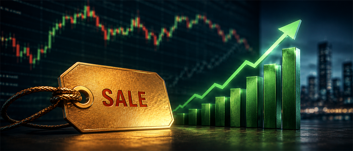 Gold sale tag beside rising green bar chart and arrow with a candlestick stock chart in the background.