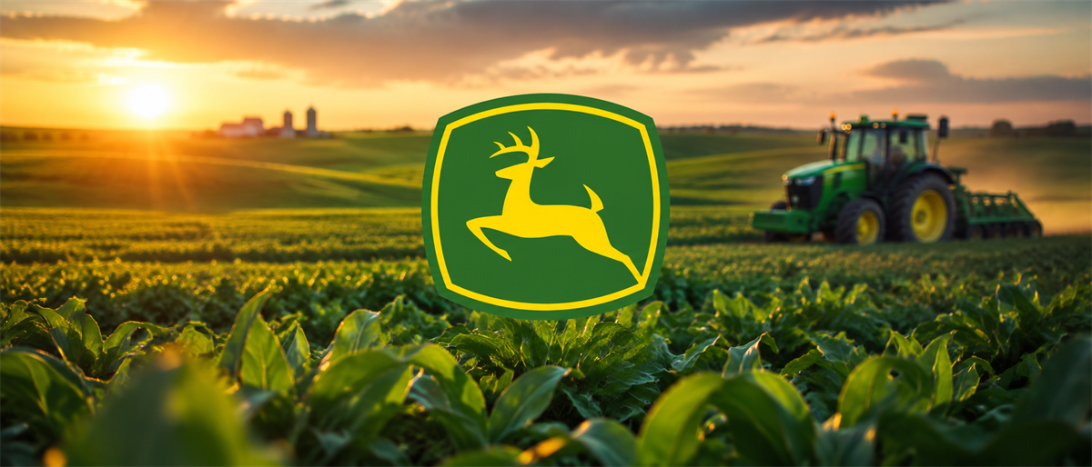 John Deere logo overlaid on a farm field at sunset with a green tractor working in the background.
