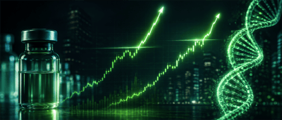 Illustration of a vial with an upward stock price chart and DNA double helix against a city skyline, symbolizing biotech growth.