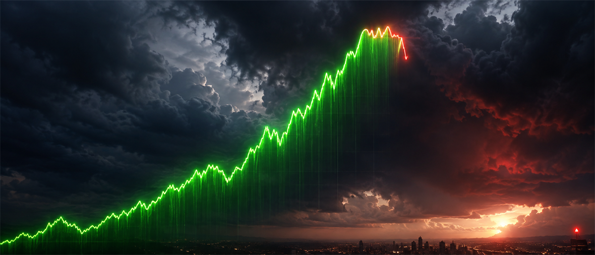 Conceptual illustration of a stock price chart rising sharply in green before turning red at the peak, set against storm clouds.