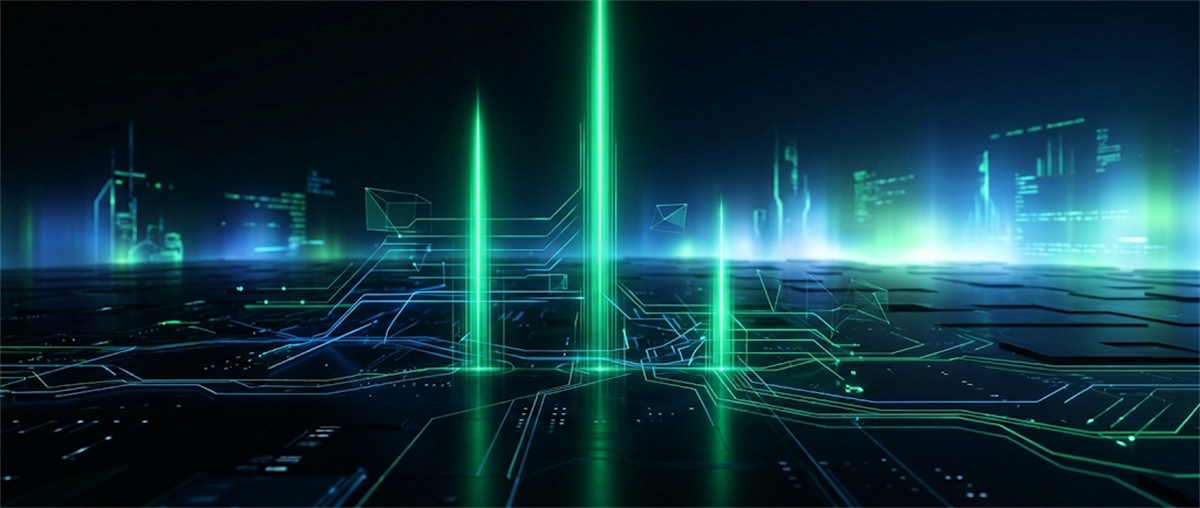 Digital illustration of glowing green vertical bars rising from a circuit board, symbolizing technology and data growth.
