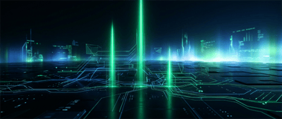 Digital illustration of glowing green vertical bars rising from a circuit board, symbolizing technology and data growth.