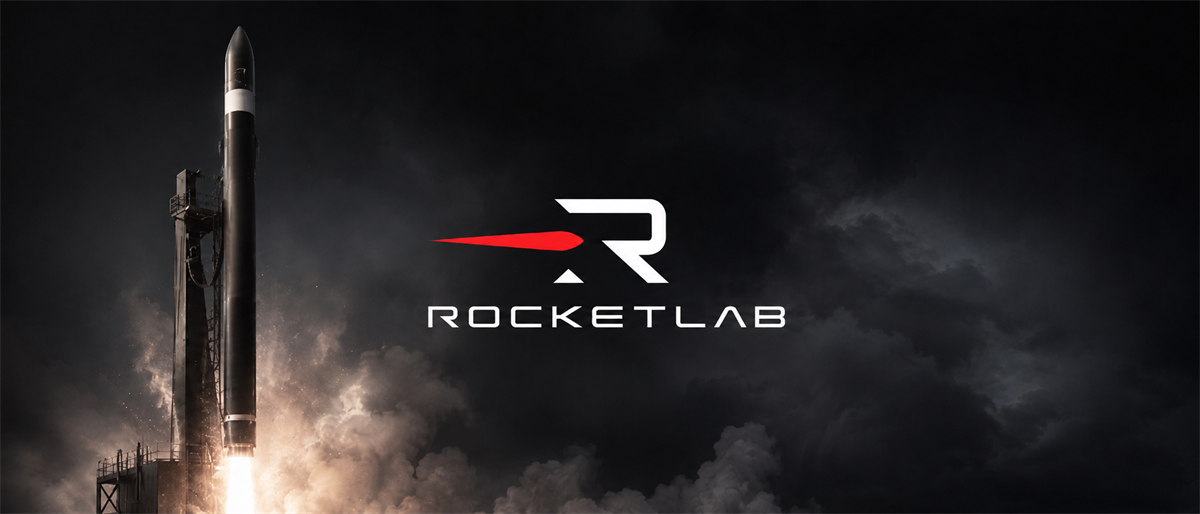 Rocket Lab logo beside a rocket launching from its pad amid smoke and flames against a dark sky.