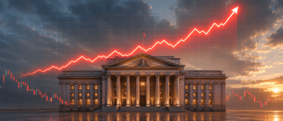 Illustration of a government building with a rising red stock price chart and candlesticks overlaid against a sunset sky.