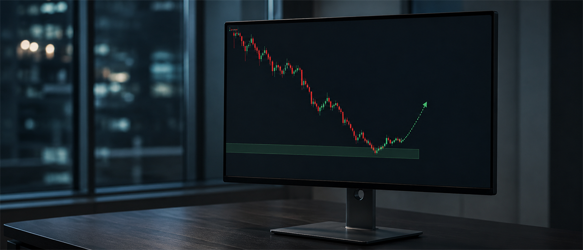 Computer monitor on a desk displaying a candlestick stock price chart showing a decline followed by an upward rebound.