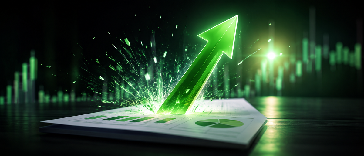 Illustration of a green upward arrow bursting from a financial report with charts, symbolizing rising stock performance.