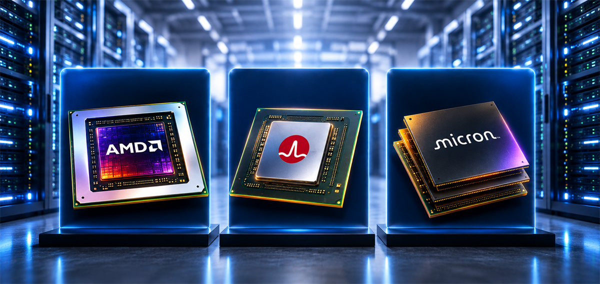 Illustration of computer chips displaying AMD, a Broadcom logo, and Micron branding in a data center setting.