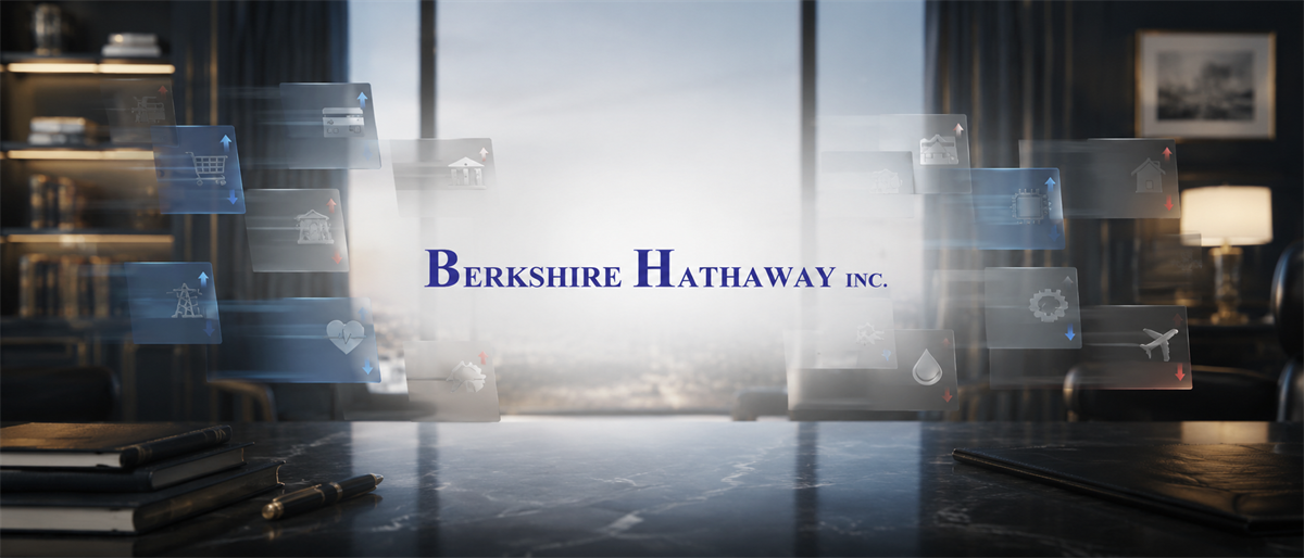 Berkshire Hathaway Inc. logo displayed above an office desk, surrounded by icons representing various business sectors.