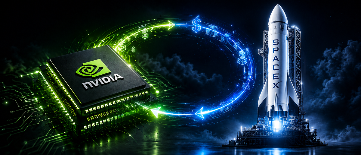 Illustration of an Nvidia chip connected by a glowing dollar-sign loop to a SpaceX rocket on a launch pad.