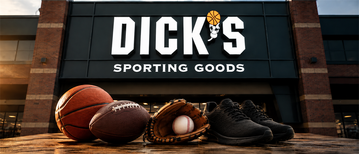 A basketball, football, baseball glove, and shoes displayed outside a Dick's Sporting Goods storefront sign.