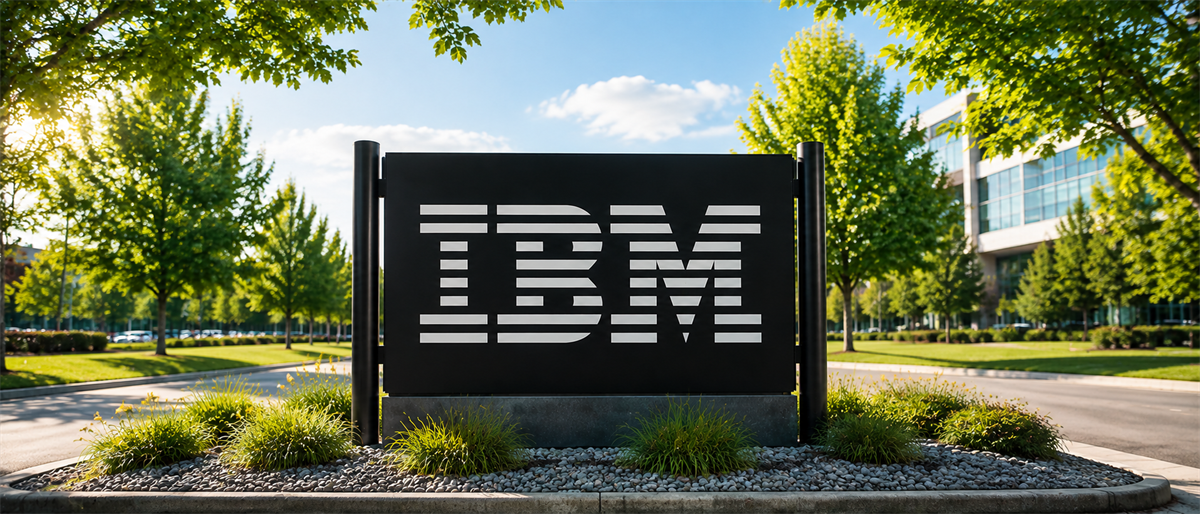 IBM logo displayed on an outdoor sign at a corporate campus entrance, surrounded by trees and landscaping.