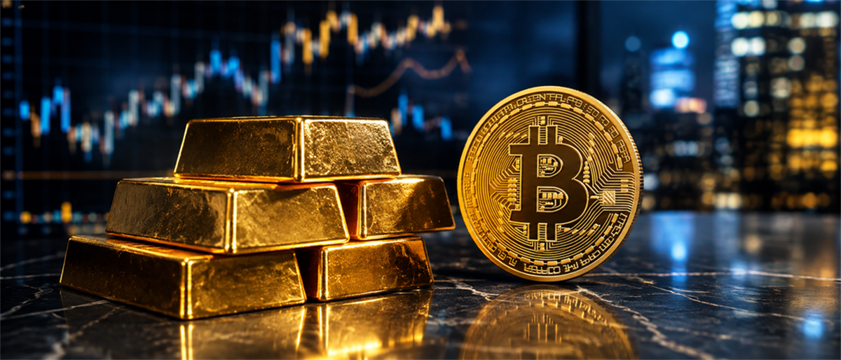 Stacked gold bars and a Bitcoin coin sit on a reflective surface in front of a candlestick price chart.