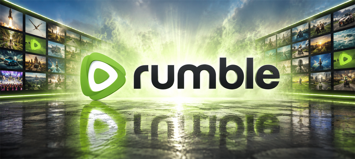 Rumble logo with green play-button icon centered between video screen displays in a digital studio setting.
