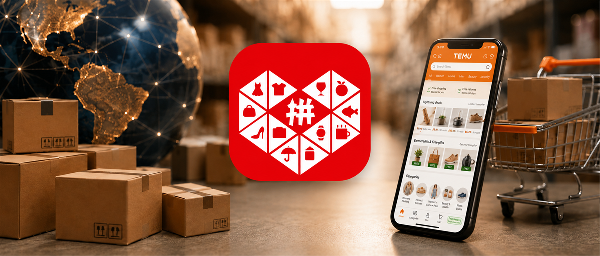 PDD logo and Temu logo and app displayed on a smartphone, surrounded by shipping boxes, a cart, and a globe.