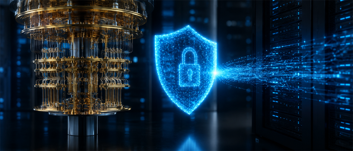 Illustration of a quantum computing chip beside a glowing digital shield and lock icon symbolizing cybersecurity.