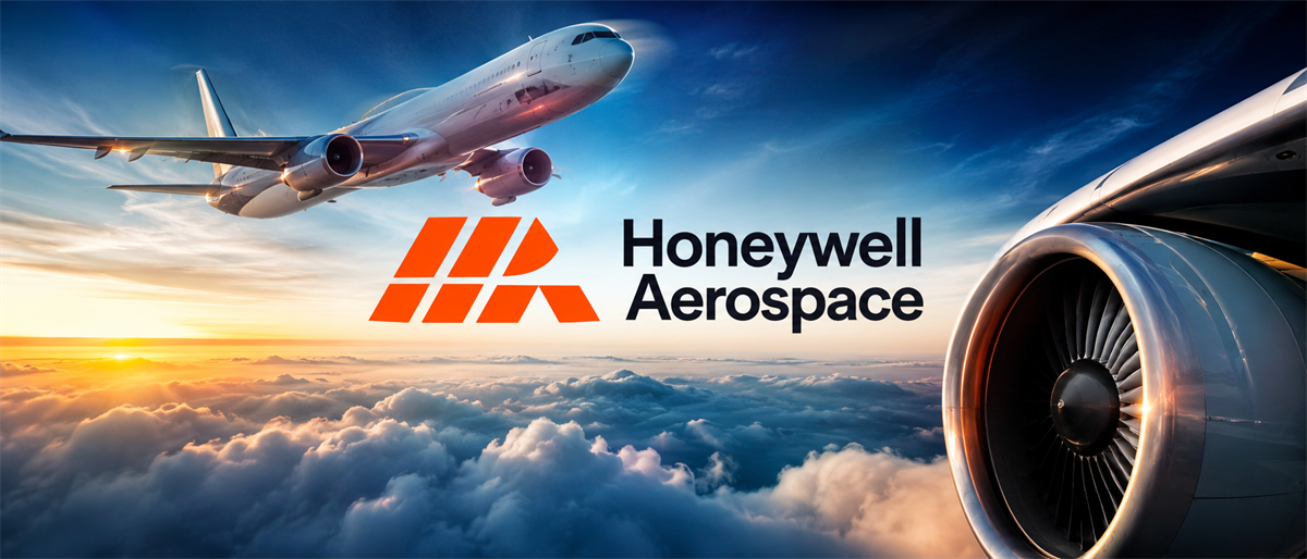 Honeywell Aerospace logo with a jet aircraft in flight and a jet engine turbine above cloud cover.