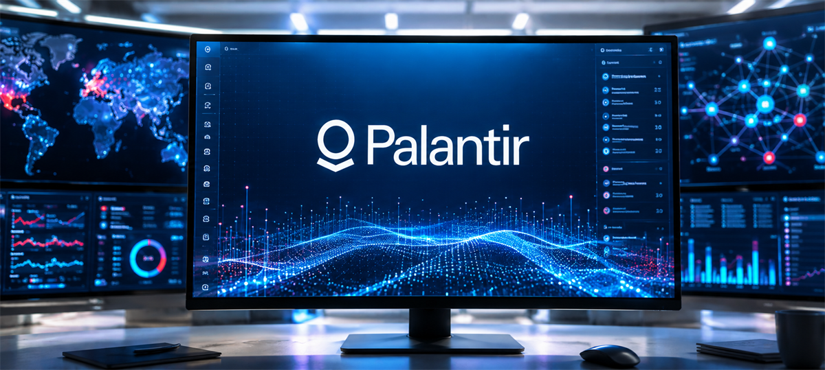 Computer monitor displaying the Palantir logo surrounded by data visualization screens showing network maps and charts.
