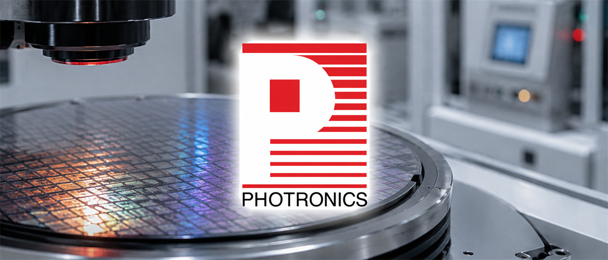 Photronics logo overlaid on a semiconductor wafer being inspected by equipment in a manufacturing facility.