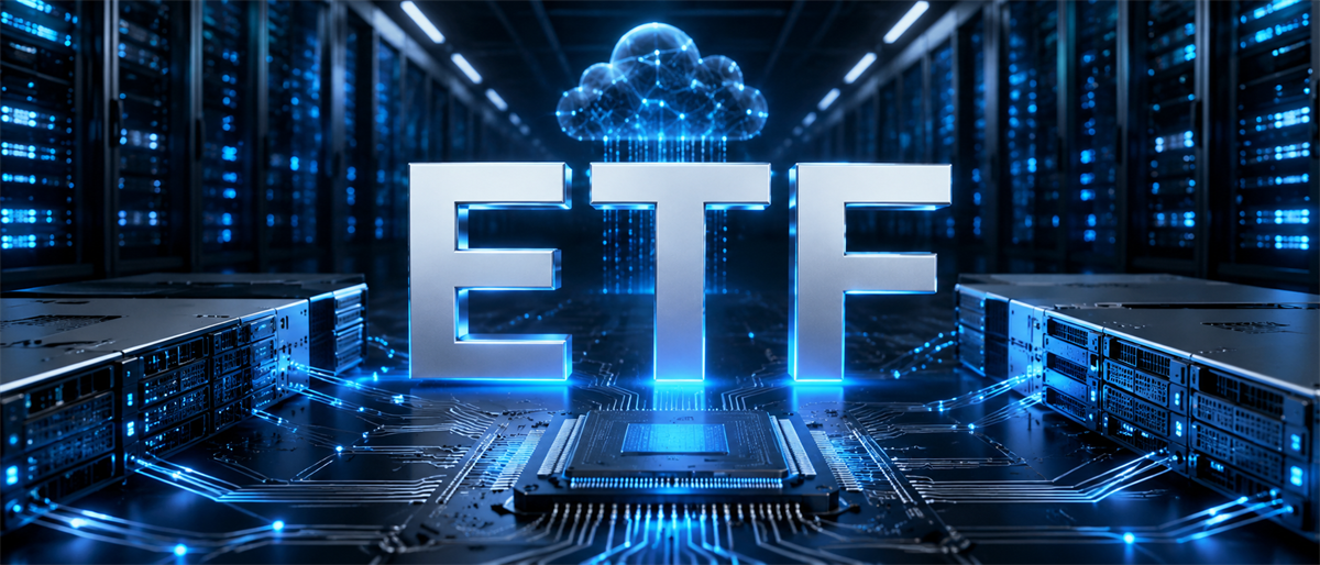 3D illustration of the letters ETF above a computer chip and circuit board in a server data center.