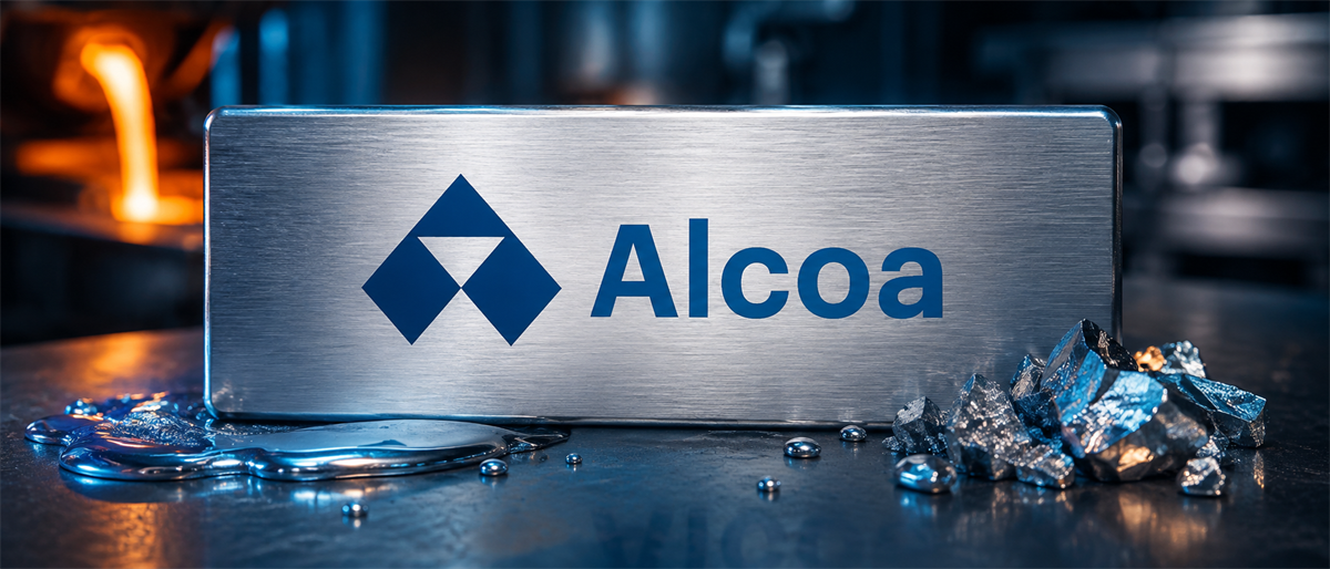 Alcoa logo on a metal plate surrounded by molten and solid metal ore in an industrial setting.
