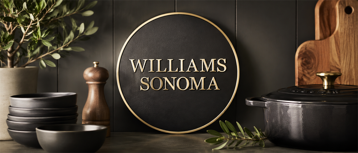 Williams Sonoma circular logo sign on a wall surrounded by kitchenware, bowls, a pepper mill, and cutting board.