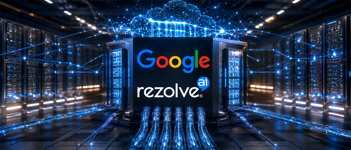 Google and Rezolve AI logos displayed on a server unit in a data center with digital cloud network graphics.