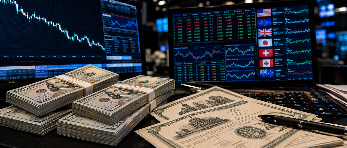 Stacks of hundred-dollar bills and a stock certificate on a desk beside monitors showing price charts and currency data.