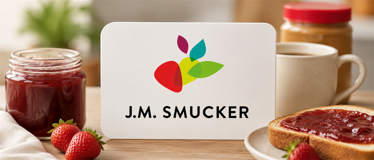 J.M. Smucker logo displayed on a card surrounded by jam, peanut butter, coffee, strawberries, and toast.