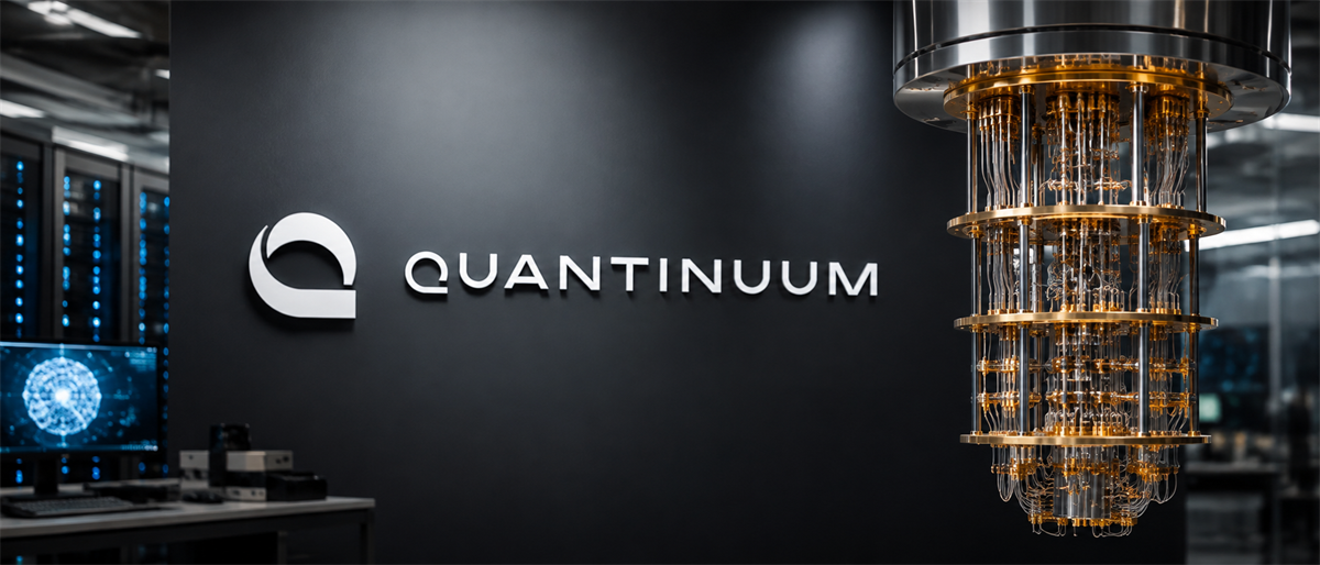 Quantinuum logo on a wall beside a gold-plated quantum computing chandelier in a data center setting.