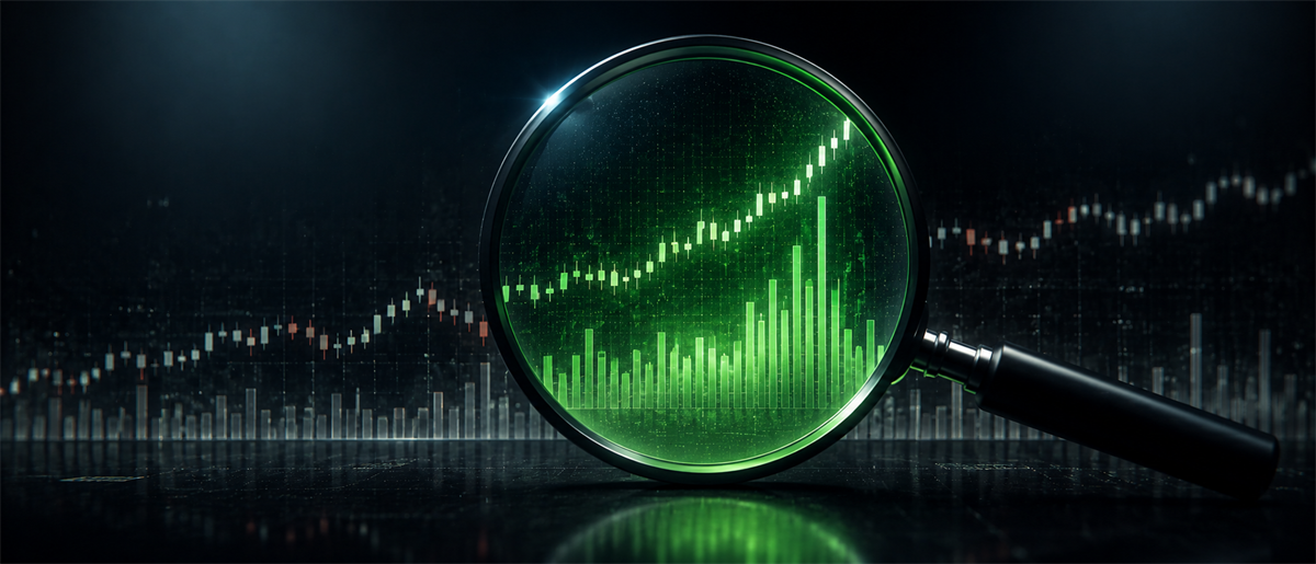 Magnifying glass highlighting an upward-trending green candlestick stock chart against a dark trading background.