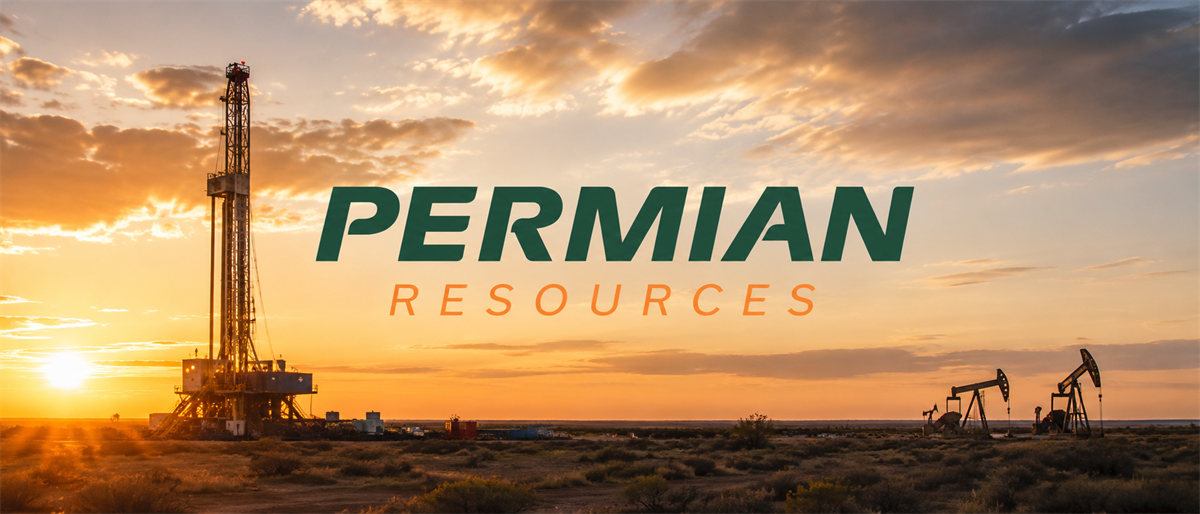 Permian Resources logo over a sunset oilfield scene with a drilling rig and pumpjacks.