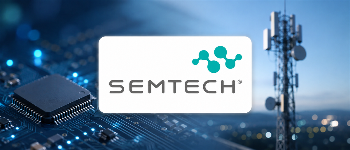 Semtech logo displayed over a background of a circuit board and a cellular communications tower.