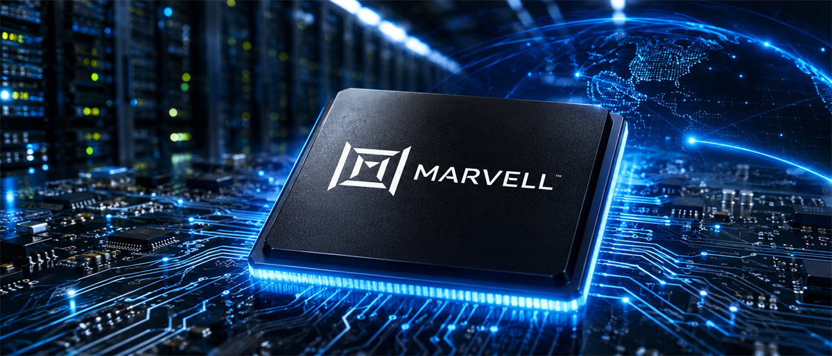 Illustration of a computer chip with the Marvell logo set against a circuit board and data center background.