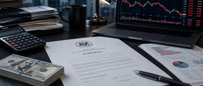 A SEC subpoena document on a desk with cash, a calculator, financial charts, and a laptop showing a stock price chart.