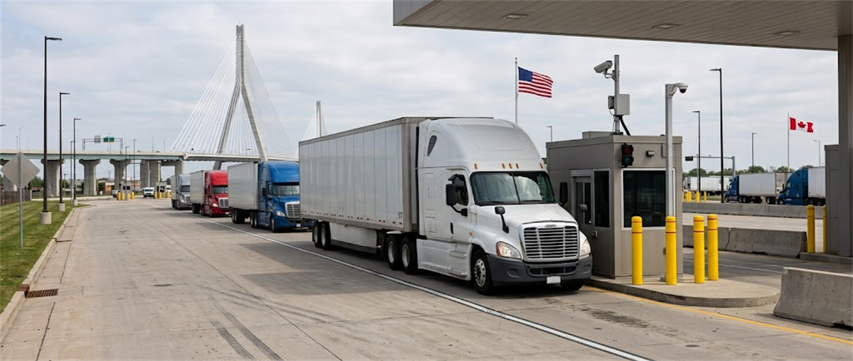 Semi trucks line up at a border checkpoint with U.S. and Canadian flags and a cable-stayed bridge in the background.