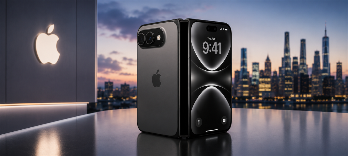 Foldable Apple smartphone displayed on a table with a lit Apple logo and city skyline in the background.