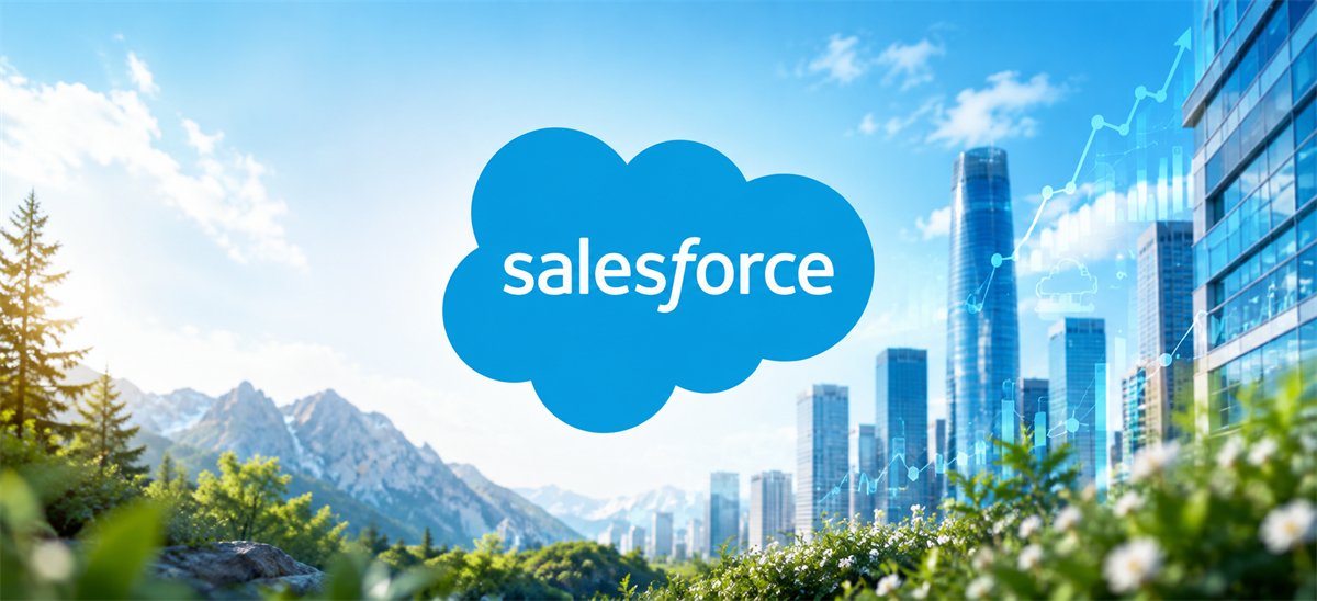 Salesforce cloud logo overlaid on a city skyline with upward-trending stock chart graphics and mountain backdrop.