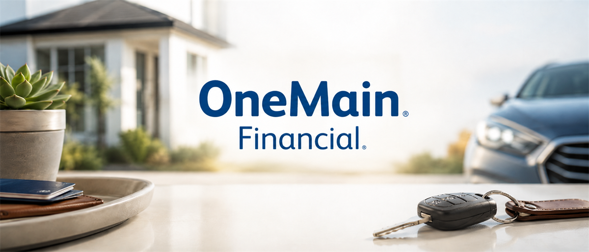 OneMain Financial logo displayed over a blurred background of a house, car, and car keys on a table.